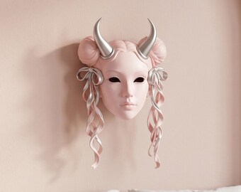 Coquette Oni Mask STL File | Instant Download 3D Printable | Kawaii Horned Mask Figurine Keychain Wall Decor | Commercial Use