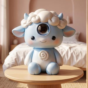 May include: A light blue cyclops figurine with a large central eye, white curly hair, and a spiral emblem on its chest. The character has small horns, rounded ears, and a smooth finish, sitting in a seated position with a gentle, smiling expression.