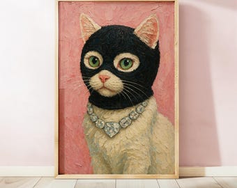 Funny Cat Portrait Art Print, Black Mask Painting, Maximalist Pet Wall Decor, Whimsical Animal Art, Pink Background, Digital Download Art