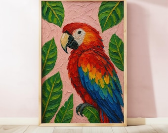 Lámina artística de loros vibrantes de verano, decoración de pared que estimula la dopamina, póster de galería de moda, obra de arte imprimible a todo color.