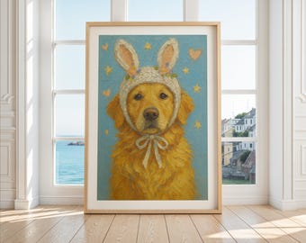 Kawaii Golden Retriever Art Print, Oil Painting Pet Portrait, Dopamine Gallery Wall, Living Room Art, Digital Download