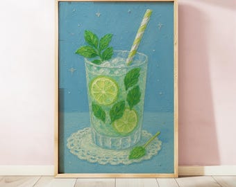 Lime Mint Drink Art Print, Mojito Painting, Summer Cocktail Wall Decor, Refreshing Beverage Art, Kitchen Bar Decor, Digital Download