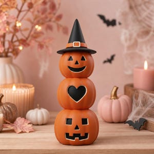 Arquivo STL de Abóbora Empilhada, Modelo para Impressão 3D de Abóbora de Halloween, Totem de Abóbora com Chapéu de Bruxa, Download Digital Instantâneo