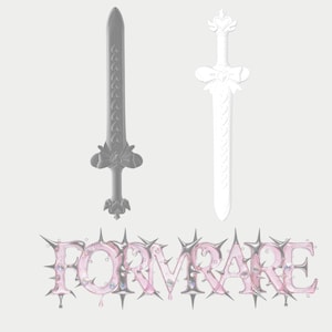May include: A dark gray sword and a white sword, both featuring heart-shaped details on the blade and a bow at the hilt. Below the swords, the word FORMRARE is written in a stylized, pink, liquid-like font with sharp, metallic-looking spikes.