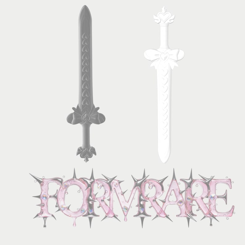 May include: A dark gray sword and a white sword, both featuring heart-shaped details on the blade and a bow at the hilt. Below the swords, the word FORMRARE is written in a stylized, pink, liquid-like font with sharp, metallic-looking spikes.
