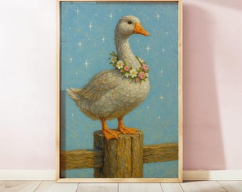 Coquette Goose Art Print, Floral Collar Duck Painting, Whimsical Farmhouse Wall Decor (Digital Download)