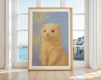 Cute Ferret Art Print, Whimsical Animal Painting, Cottagecore Pet Decor, Pastel Aesthetic Wall Art, Cozy Nursery Art, Digital Download
