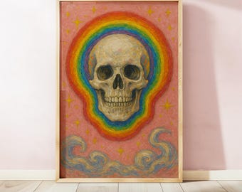 Rainbow Skull Art Print, Psychedelic Goth Wall Decor, Trippy Skeleton Painting, Celestial Stars, Colorful Aesthetic, Digital Download