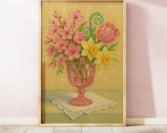 Pink Floral Vase Poster, Coquette Bedroom Decor, Romantic Flower Wall Art, Digital Download