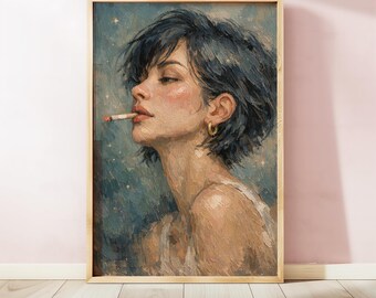 Moody Smoking Woman Art Print, Vintage Portrait Painting, Edgy Feminine Wall Decor, Indie Artwork, Soft Grunge Style, Digital Download