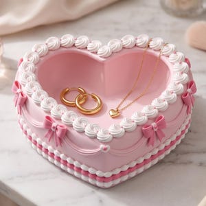 May include: A heart-shaped pink trinket dish decorated with white piped frosting swirls, pink bows, and scalloped trim. Inside the dish are two gold hoop earrings and a delicate gold chain necklace with a small heart-shaped pendant.