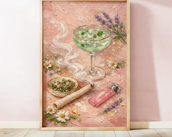 Coquette Stoner Cocktail Art Print, Pink Still Life Painting (Digital Download)