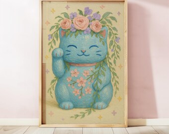 Lucky Cat Floral Art Print, Maneki Neko Painting, Pastel Cottagecore Japanese Artwork (Digital Download)