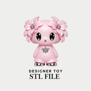 Puede incluir: Una figura de juguete de diseño rosa con ojos grandes, adornos para el cabello en forma de flor y un adorno en forma de estrella en el pecho. La figura tiene detalles plateados metálicos en los pies. El texto "DESIGNER TOY STL FILE" se muestra debajo.