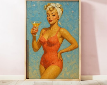 Retro Pin Up Cocktail Art Print, Vintage Swimsuit Woman Painting (Digital Download)