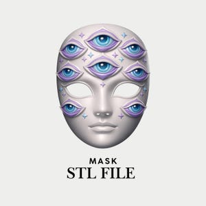 May include: A white mask with multiple blue and purple eyes, and star accents. The mask has eye and mouth cutouts. Text at the bottom reads "MASK STL FILE".