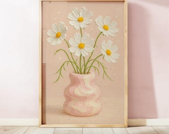 Pastel Daisy Flower Art Print, Coquette Floral Wall Decor, Soft Pink Vase Painting, Cottagecore Aesthetic, Digital Download Printable Art