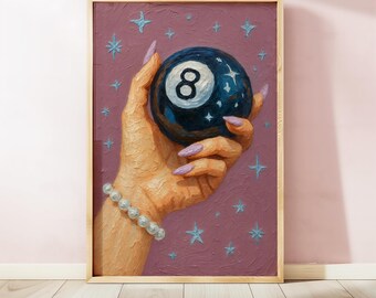 8 Ball Art Print, Coquette Hand Painting, Retro Aesthetic Wall Decor, Lucky Charm Billiards Art, Pink Starry, Digital Download Printable Art
