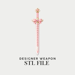 May include: A pink and white sword featuring a heart-shaped pommel with small wings, a central bow with a pink gem, and a blade decorated with a vertical row of small hearts. The text below reads DESIGNER WEAPON STL FILE.