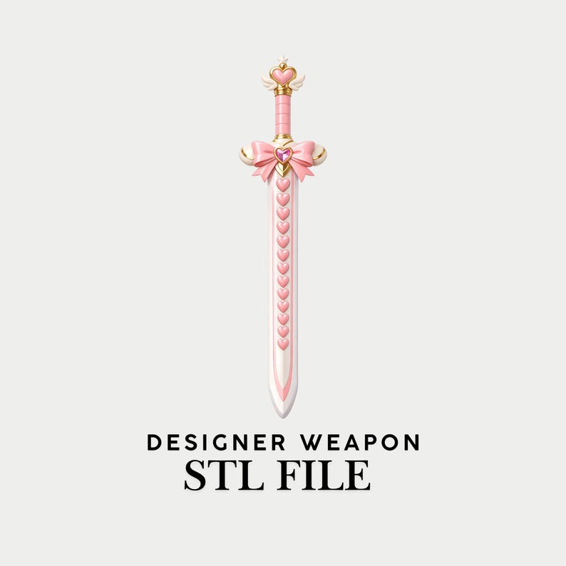 May include: A pink and white sword featuring a heart-shaped pommel with small wings, a central bow with a pink gem, and a blade decorated with a vertical row of small hearts. The text below reads DESIGNER WEAPON STL FILE.