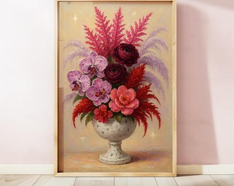 Moody Floral Art Print, Dark Red Roses Orchids, Vintage Still Life Painting, Romantic Maximalist Wall Decor, Digital Download Printable Art