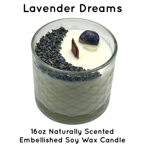 Lavender Dreams Crystal Intention Candle With Amethyst & Moonstone Anxiety Stress Relief Aromatherapy Candle Gift for her Scented Soy Candle