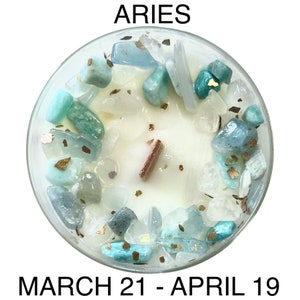 16oz Aries Zodiac Crystal Candle Aquamarine Moonstone Quartz Best Friend Birthday Gift for her him Astrology Sign Aries March 21 - April 19