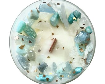 16oz Aries Zodiac Crystal Candle Aquamarine Moonstone Quartz Best Friend Birthday Gift for her him Astrology Sign Aries March 21 - April 19