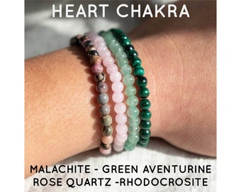 HEART CHAKRA 4 Bracelet Stack Gift Set 8mm Natural Stone Crystal Stackable Bracelets Malachite Rose Quartz Aventurine Valentine’s Day Gift