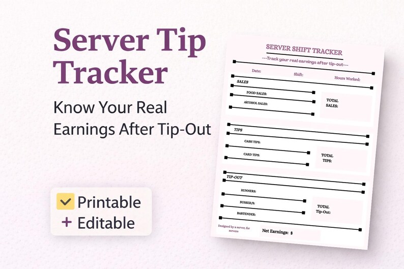 Tip Picture Income Server Tip Tracker | Restaurant Income Log, Tip Out Calculator ...