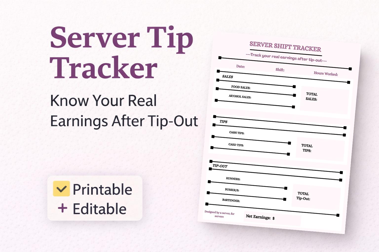 Tip Program Income Server Tip Tracker | Restaurant Income Log, Tip Out Calculator ...