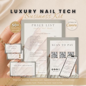 Pode incluir: Um kit de negócios para uma técnica de unhas de luxo, com uma lista de preços, um cartão de fidelidade e um cartão de marcação. O kit inclui um sinal de "Scan to Pay" com códigos QR e um telefone mostrando um aplicativo de reserva.