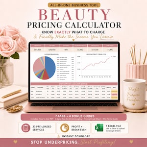 May include: A rose gold laptop displays a beauty pricing calculator with charts and data. The screen shows expense breakdowns and profit trends. The image includes a coffee mug, makeup brushes, and text that reads "Profit Purpose Freedom."
