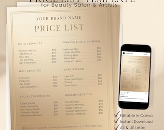Price List Template, Salon Price List, Beauty Price List, Editable Canva Template, Price List Sign, Esthetician Menu, Social Media Templates
