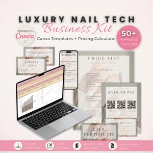 May include: A digital business kit for nail technicians, featuring a laptop, smartphone, price list, gift certificate, and loyalty card. The kit includes Canva templates, a pricing calculator, and over 50 templates. The text reads "Luxury Nail Tech Business Kit".