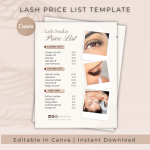 Op de afbeelding: Een sjabloon voor een prijslijst voor een wimpersalon, met de tekst "Lash Studio Price List". De lijst bevat klassieke sets, volumesets en add-ons. De sjabloon bevat afbeeldingen van wimperextensions. De tekst "Editable in Canva | Instant Download" is ook aanwezig.
