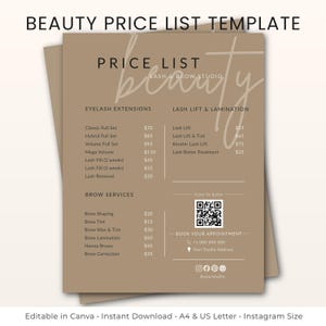 Lista de preços de cílios postiços, Lista de preços de salão de beleza, Lista de preços de produtos de beleza, Modelo editável do Canva, Menu de serviços, Lista de preços de luxo, Modelos para redes sociais