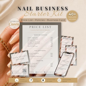 Op de afbeelding: Een Nail Business Starter Kit met een prijslijst, beleid en visitekaartjes templates. De prijslijst bevat manicure-, nagelverlenging- en pedicure services. De kit is bewerkbaar in Canva en bevat professionele ontwerpen.