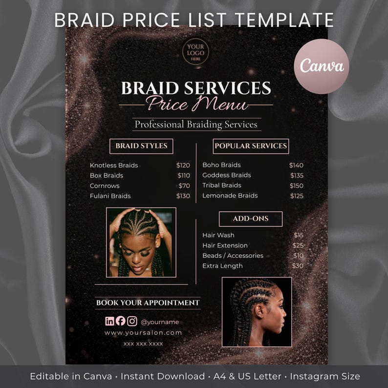 Braids Price List Template Canva | Knotless Box Braids Boho Goddess ...