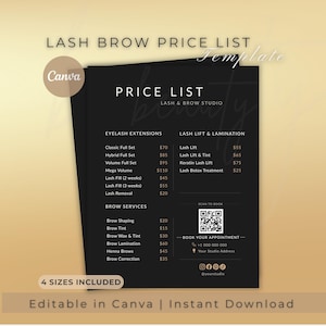 May include: A black and white price list template for lash and brow treatments. The price list includes services such as eyelash extensions, lash lifts, and brow services. The template is editable in Canva and available for instant download.