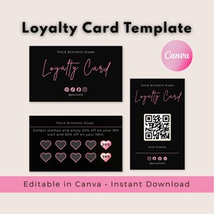 Luxury Pink Marble Loyalty Card Template, Black & Pink Beauty Salon Stamp Card, Customer Reward Program, Editable Canva