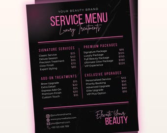 Luxury Beauty Service Menu Template Canva Editable, Beauty Salon Price List, Esthetician Luxury Treatments Menu, Digital Download