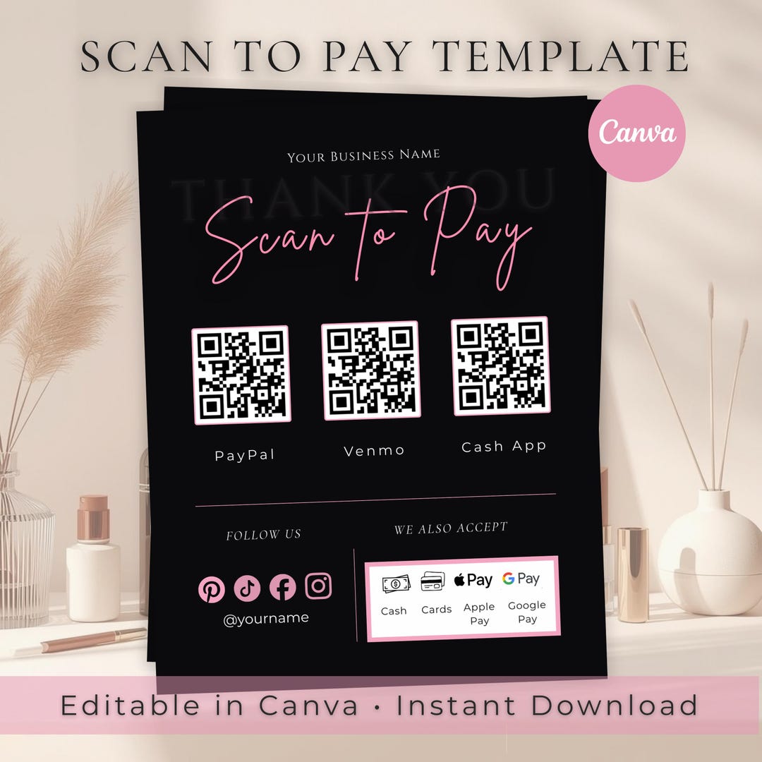Scan to Pay Sign Template, Editable Pink QR Code Payment Sign, Canva ...