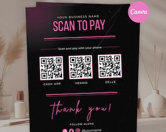 Pink Marble Scan to Pay Sign Template, Editable QR Code Payment Sign, Canva Template for Lash Nail Salon