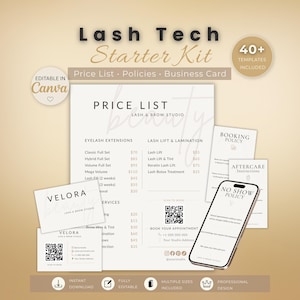 Op de afbeelding: Een Lash Tech Starter Kit met een prijslijst, beleid en visitekaartjessjablonen. De kit bevat een prijslijst voor wimperextensions en lash lift-services, een boekingsbeleid en nazorginstructies. De kit is bewerkbaar in Canva en bevat meerdere formaten.