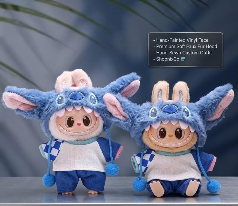 Labubu Doll Clothes Set KPOP Plush Miniature Outfit Vinyl Figures Blue Monster Onesie Handmade