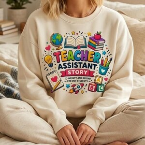 May include: Cream-colored sweatshirt with a colorful graphic that reads "Teacher Assistant Story" with illustrations of a globe, books, pencils, and a rocket ship. The text "To infinity and beyond for our students" is also included.