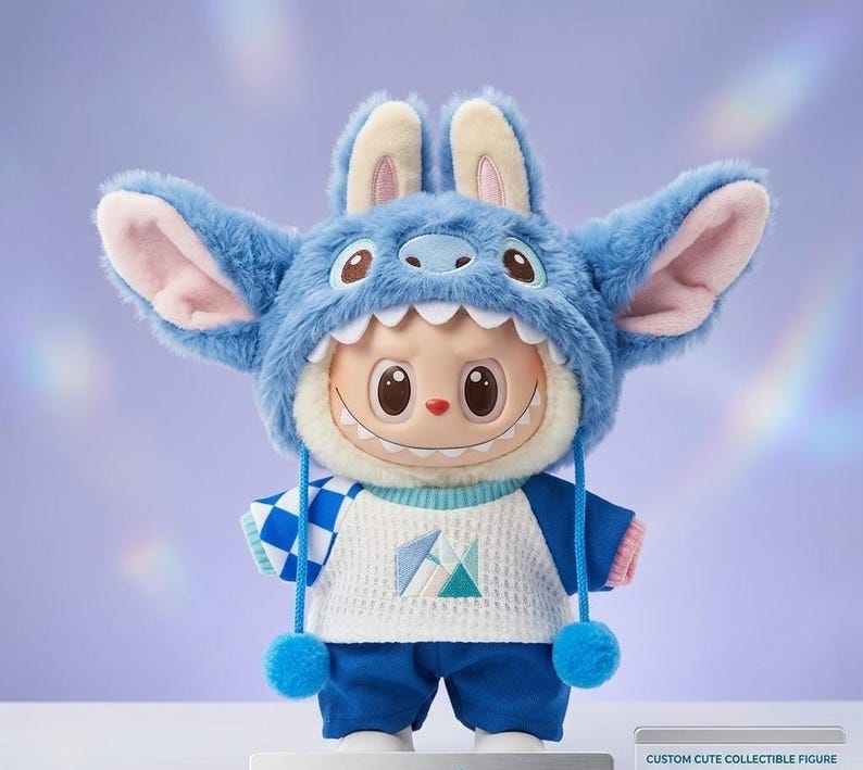 Labubu Doll Clothes Set KPOP Plush Miniature Outfit Vinyl Figures Blue Monster Onesie Handmade