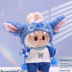Labubu Doll Clothes Set KPOP Plush Miniature Outfit Vinyl Figures Blue Monster Onesie Handmade