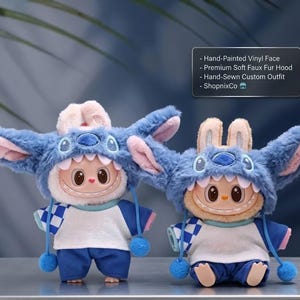 Labubu Doll Clothes Set KPOP Plush Miniature Outfit Vinyl Figures Blue Monster Onesie Handmade